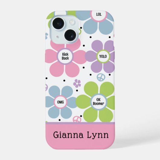 Roze Retro-Style Flower Power Monogram iPhone 15 Case (Achterkant)