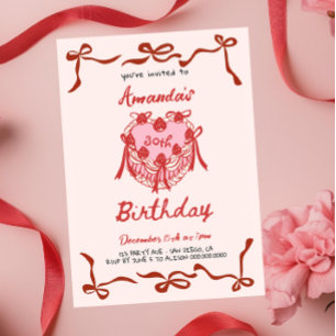 Roze Retro Taart en Rood Lint Coquette Verjaardag Kaart