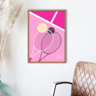Roze Retro Tennis Harde Baan Ster Aangepaste Handt Poster