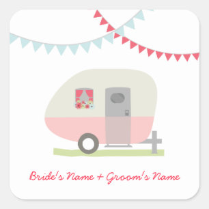 Roze Retro Trailer Bruiloft Sticker