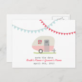 Roze Retro Trailer Wedding Save The Date Briefkaar Aankondigingskaart (Voorkant / Achterkant)