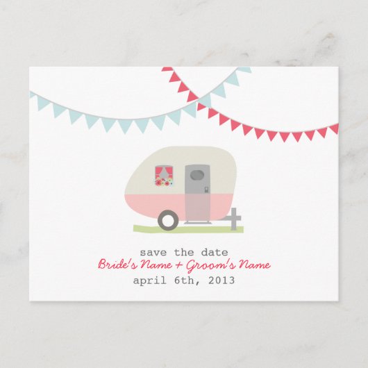 Roze Retro Trailer Wedding Save The Date Briefkaar Aankondigingskaart (Voorkant)