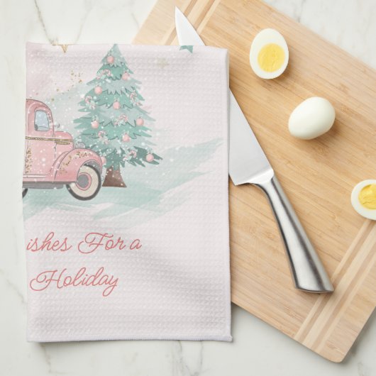 Roze Retro Truck Waterverf kerstboom Theedoek (Quarter Fold)