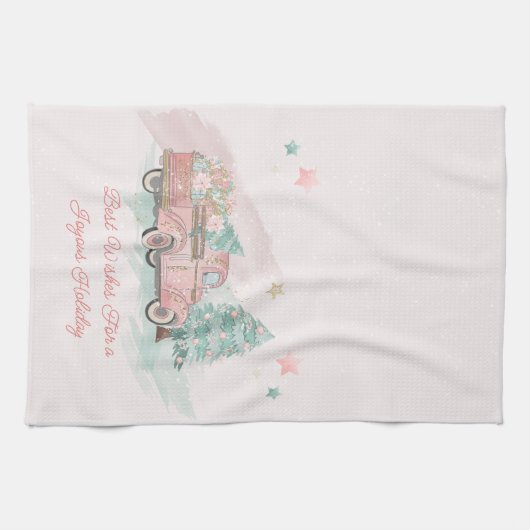 Roze Retro Truck Waterverf kerstboom Theedoek (Horizontaal)