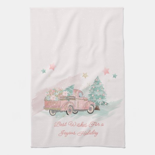 Roze Retro Truck Waterverf kerstboom Theedoek (Verticaal)