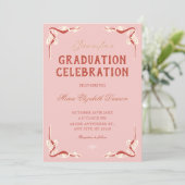 Roze retro vintage afstuderen kaart (Staand voorkant)