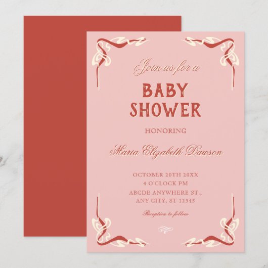 Roze retro vintage babyshower kaart (Voorkant / Achterkant)
