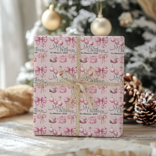Roze Retro Vintage Kerst Cadeaupapier