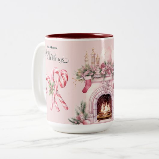 Roze Retro Vintage Kerst Tweekleurige Koffiemok (Voorkant links)