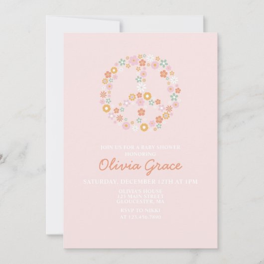 Roze Retro Vrede Liefde Baby Shower Uitnodiging (Voorkant)