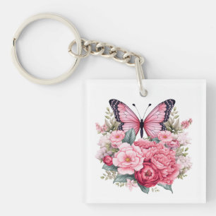 Roze Retro Waterverf Vlinder & Bloemen Sleutelhanger