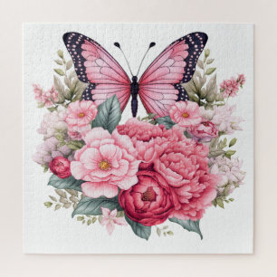 Roze Retro Waterverf Vlinder en Bloemen Legpuzzel