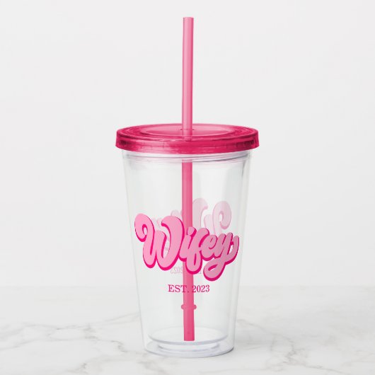 Roze retro Wifey Est. Jaar Bride Fiancé Acryl Drinkbeker (Voorkant)