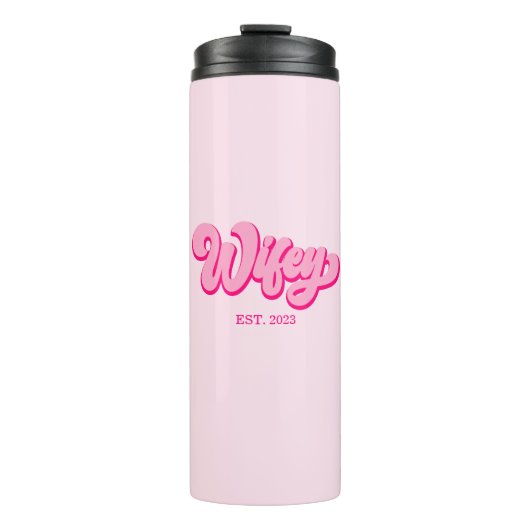 Roze retro Wifey Est. Jaar Bride Fiancé Thermosbeker (Voorkant)