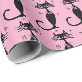 ROZE RETRO ZWARTE KAT KERSTINPAKPAPIER CADEAUPAPIER (Rol Hoek)