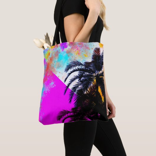 Roze retrokleurige Summertime Beach-palmbomen Tote Bag (Dichtbij)