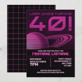 Roze Retrowave 40e Verjaardagsfeestuitnodiging Kaart (Voorkant / Achterkant)