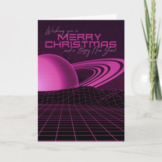 Roze Retrowave Kerstkaart Feestdagen Kaart (Voorkant)
