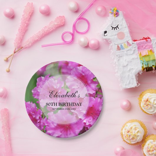 Roze Rhododendron Flowers 80th Birthday Papieren Bordje (Feest)