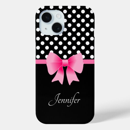 Roze ribbon Black & White Polka Dots Name Case-Mate iPhone Case (Achterkant)