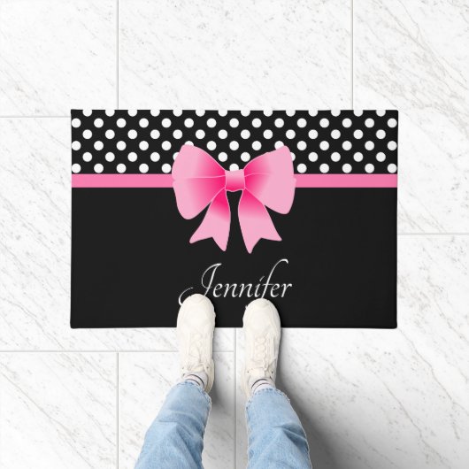 Roze ribbon Black & White Polka Dots Name Deurmat (Binnen)