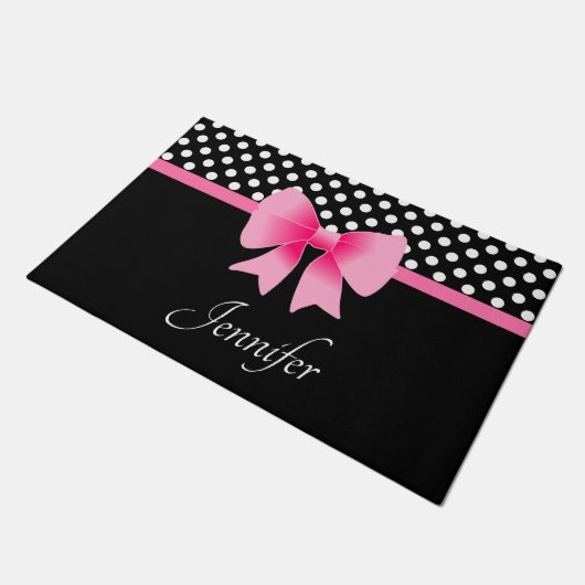 Roze ribbon Black & White Polka Dots Name Deurmat (Schuin)