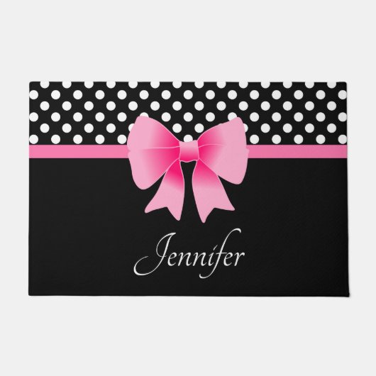 Roze ribbon Black & White Polka Dots Name Deurmat (Voorkant)