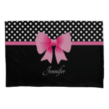 Roze ribbon Black & White Polka Dots Name