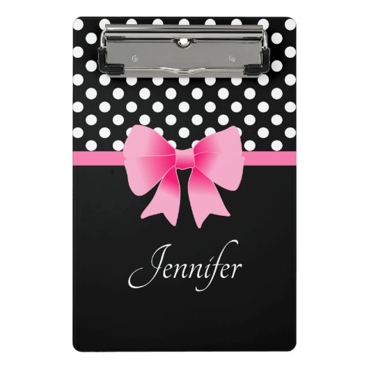 Roze ribbon Black & White Polka Dots Name Mini Klembord (Voorkant)