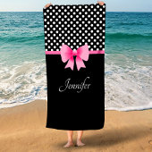 Roze ribbon Black & White Polka Dots Name Strandlaken