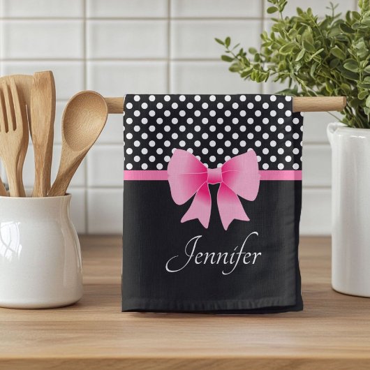 Roze ribbon Black & White Polka Dots Name Theedoek