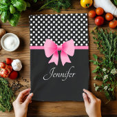 Roze ribbon Black & White Polka Dots Name Theedoek