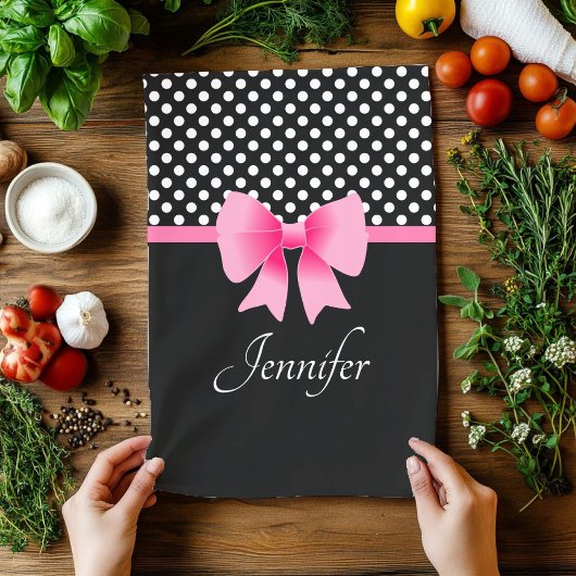 Roze ribbon Black & White Polka Dots Name Theedoek