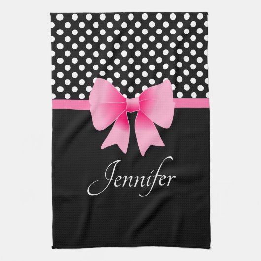 Roze ribbon Black & White Polka Dots Name Theedoek (Verticaal)