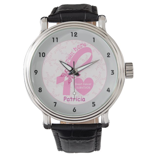 Roze Ribbon Borstkanker overlevende, grijze grens Horloge (Voorkant)