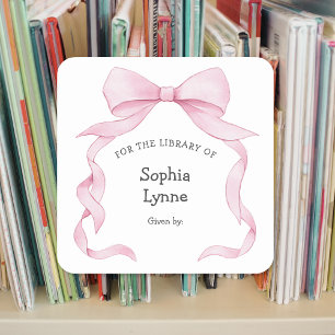Roze Ribbon Bow meisje baby shower boekenplaat Vierkante Sticker