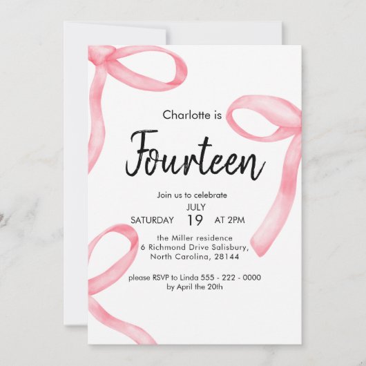 Roze Ribbon Coquette Fancy Bow 14e meisje Verjaard Kaart (Voorkant)