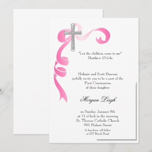 Roze Ribbon Cross-Communie Kaart (Voorkant / Achterkant)