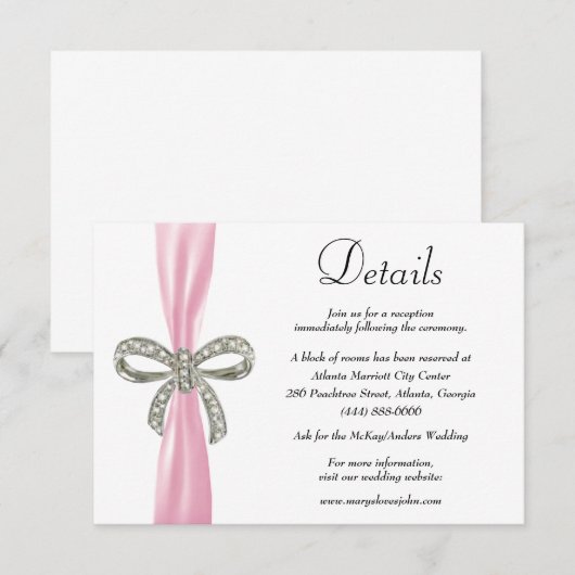 Roze ribbon Diamond Bow Wedding Details Informatiekaartje (Voorkant / Achterkant)
