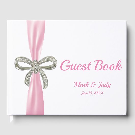 Roze ribbon Diamond Bow Wedding Guestbook Gastenboek (Voorkant)