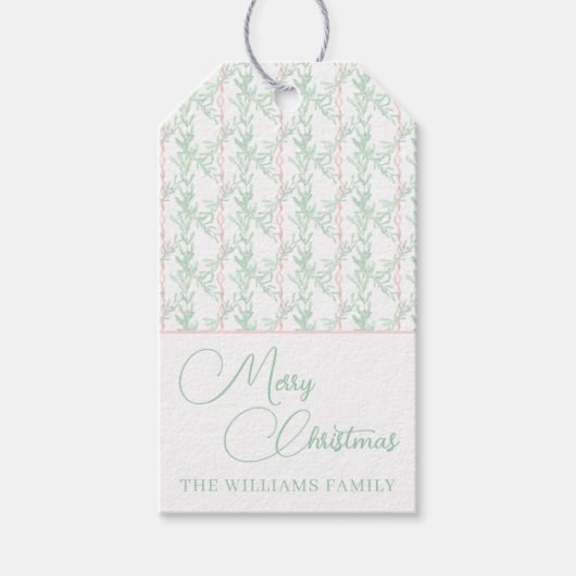 Roze Ribbon Greenery Traditional Classic Kerstmis Cadeaulabel (Voorkant)