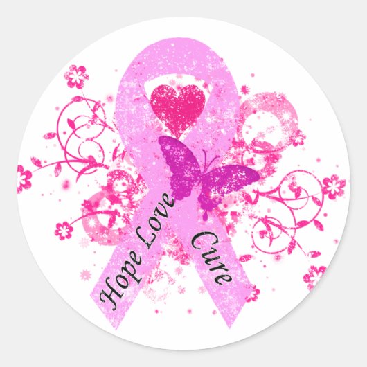 Roze Ribbon Hope Love Cure Ronde Sticker (Voorkant)
