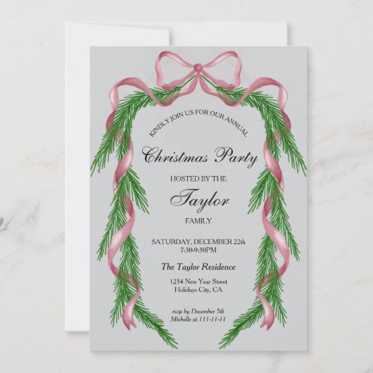  Roze Ribbon Krans Kerstdiner Party Kaart (Voorkant)