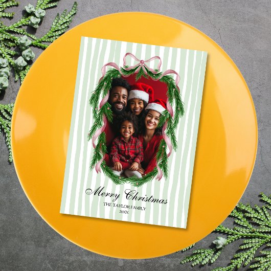  Roze Ribbon Krans Vrolijke Kerstfoto Kaart