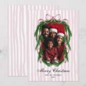 Roze Ribbon Krans Vrolijke Kerstfoto Kaart (Voorkant / Achterkant)
