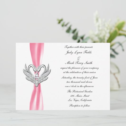 Roze ribbon Silver Swans Invitation Kaart (Staand voorkant)