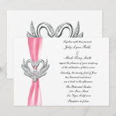 Roze ribbon Silver Swans Invitation Kaart (Voorkant / Achterkant)