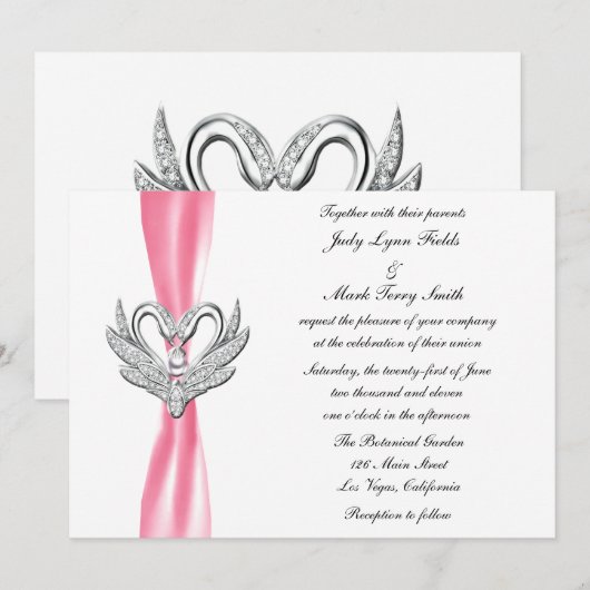 Roze ribbon Silver Swans Invitation Kaart (Voorkant / Achterkant)