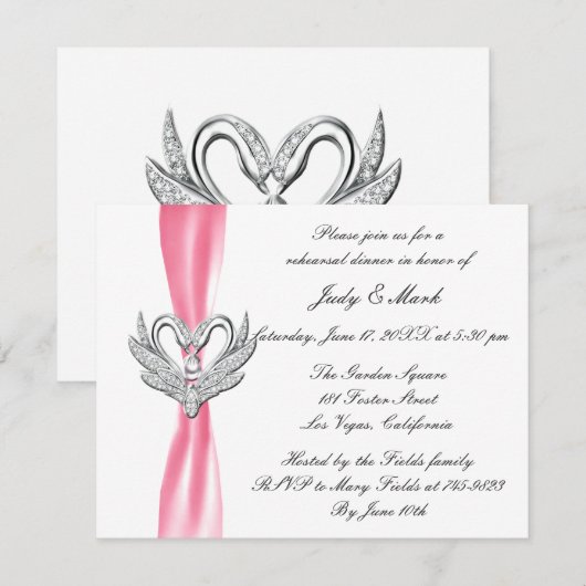 Roze ribbon Silver Swans Rehearsal Dinner Invite Kaart (Voorkant / Achterkant)
