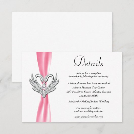Roze ribbon Silver Swans Weddenschap Details Informatiekaartje (Voorkant / Achterkant)